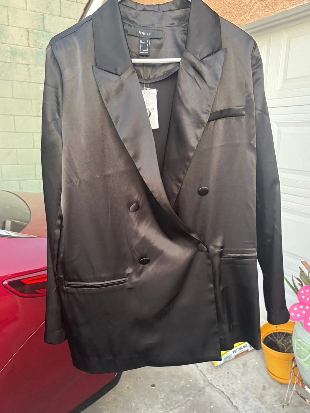 Forever 21 Black Satin Double-Breasted Blazer Jacket